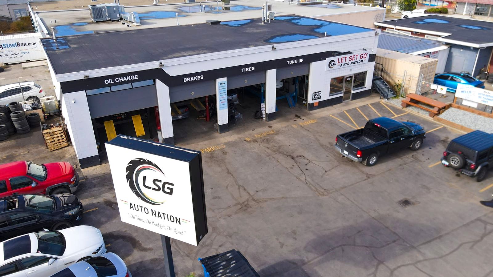 Aerial view of the LSG Auto Nation lot and sign on Wilson St