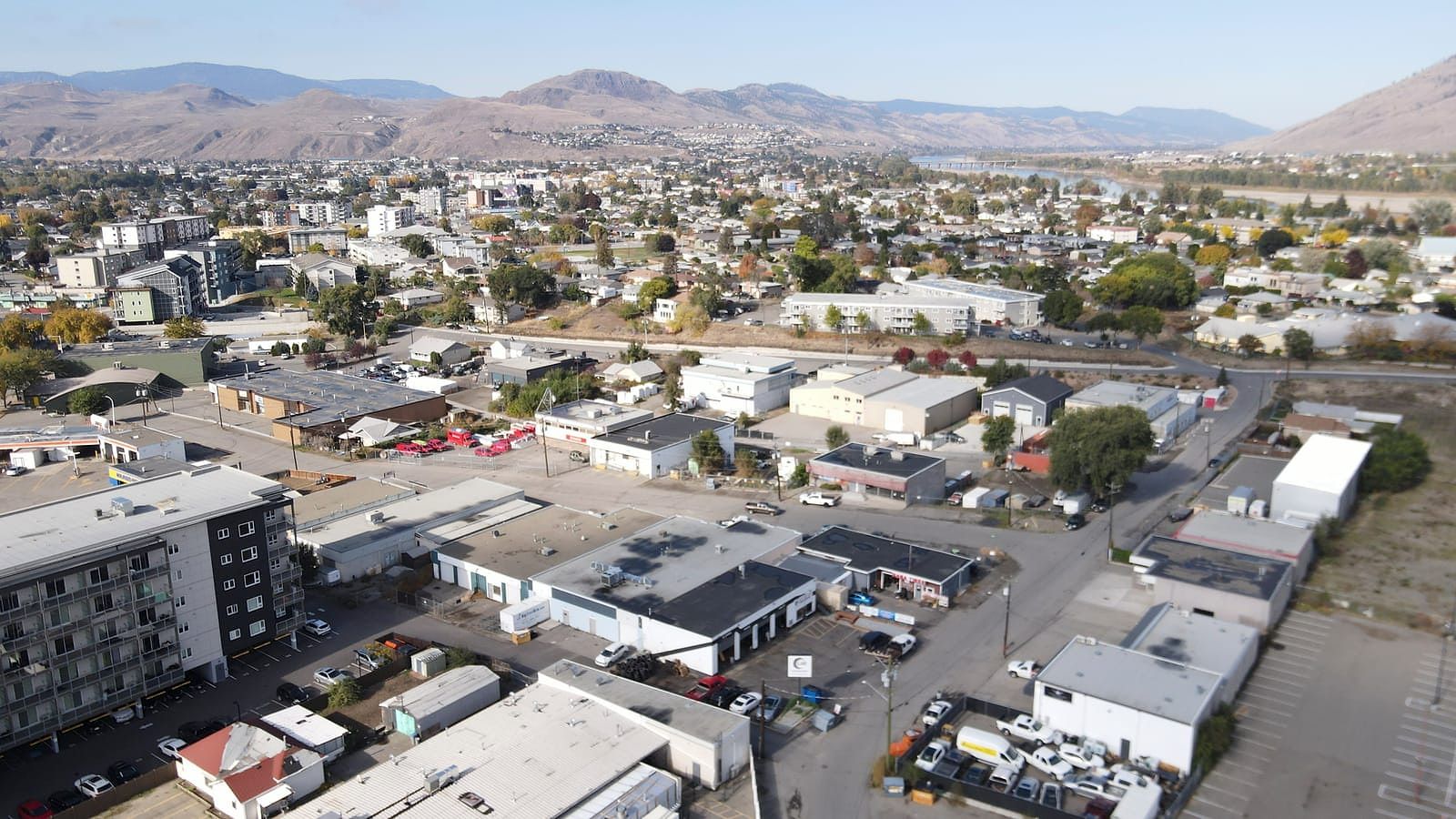 Aerial view over Kamloops' North Shore toward the hills