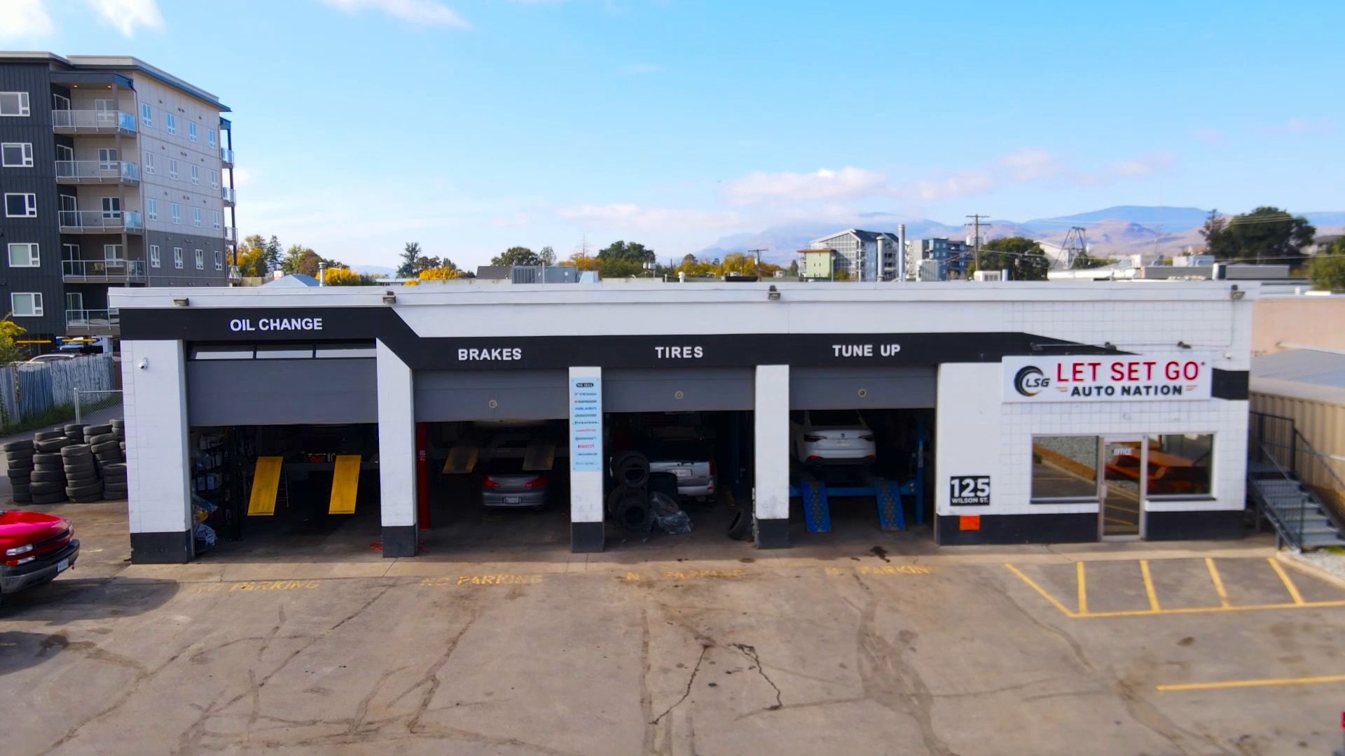 Aerial view of LSG Auto Nation at 125 Wilson St on Kamloops' North Shore